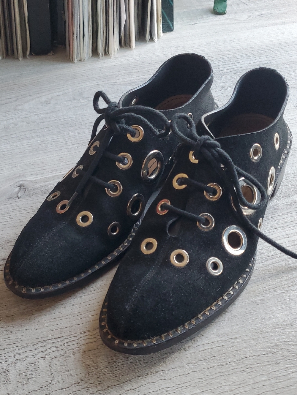 Proenza Schouler Black Suede Lace-Up Oxfords with Silver Eyelets